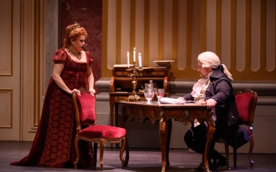 Maribel Ortega fent de Tosca i Luís Cansino com a Barone Scarpia en la producció del 2021 de Tosca